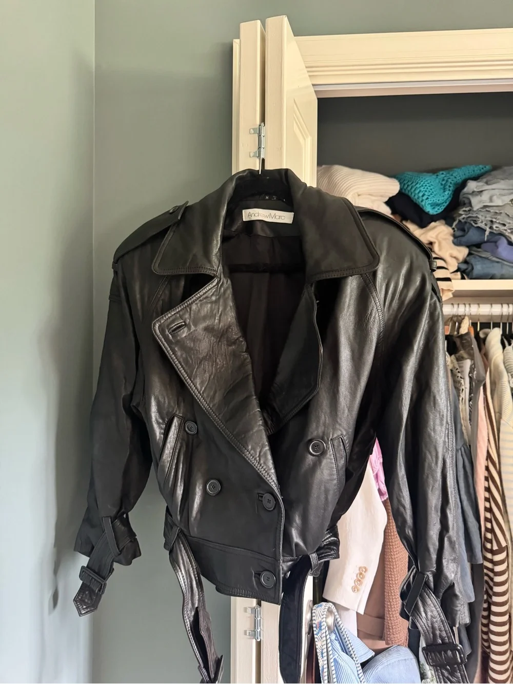 Vintage Black Leather Double-Breasted Trench Jacket